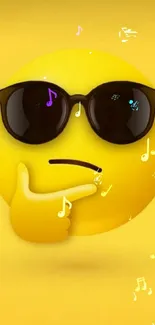 Emoji with sunglasses on a yellow background, thinking pose.