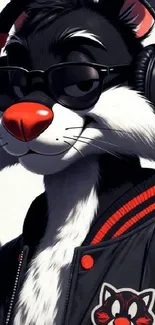 Cool cat character in sunglasses and headphones