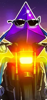 Purple geometrical character on a vibrant motorcycle, wearing sunglasses.