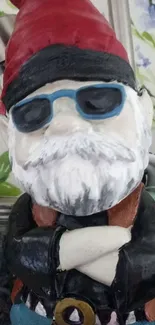 Trendy gnome statue with sunglasses and a red hat against a leafy background.