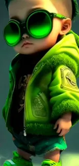 Stylish cartoon kid with green jacket and sunglasses.