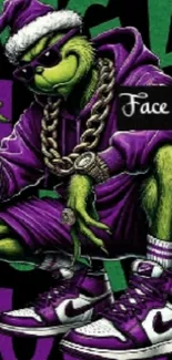 Stylish Grinch in purple streetwear with hip-hop vibe.