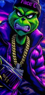 Grinch-inspired urban artwork with bold colors in a city setting.