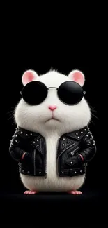 Hamster in leather jacket and sunglasses on black background.