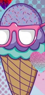 Ice cream cone wallpaper with sunglasses and pink hues.