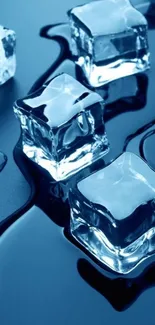 Mobile wallpaper with ice cubes and glossy blue surface.