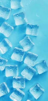 Clear ice cubes on a bright blue background, creating a cool aesthetic.