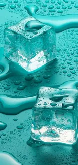 Ice cubes on teal background with water drops.