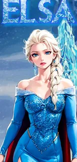 Fantasy ice queen in blue gown with icy background.