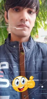 Person in a jacket with emoji overlay on leafy background.