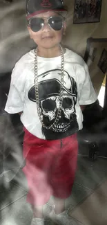 Kid in sunglasses wearing skull t-shirt and red shorts with a gold chain.