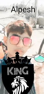 Young man with king theme wallpaper and sunglasses.