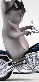 Cartoon koala riding a motorcycle with sunglasses.