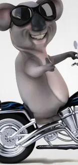 Koala wearing sunglasses riding a motorcycle in a cartoon wallpaper.