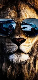 Lion wearing sunglasses reflecting a luxury car.