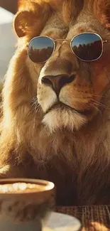Lion wearing sunglasses in a coffee shop atmosphere.