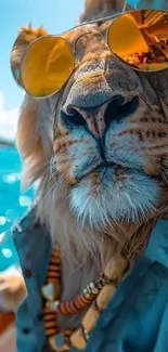 A stylish lion wearing sunglasses with a tropical backdrop.