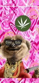 Meerkat with sunglasses in pink graffiti background.