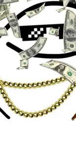 Thug life wallpaper with dollar bills and gold chains on a white background.