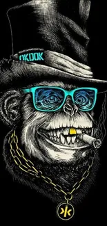 Artistic monkey with hat, glasses, and cigar on black background.