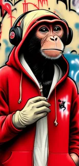 Monkey in red hoodie graffiti art with headphones, showcasing urban style.