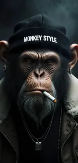 Realistic monkey in a hat and coat with a cigarette, dark background.
