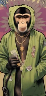 Artistic wallpaper of a monkey in a green hoodie with street art style.