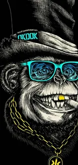 Cool monkey with sunglasses and hat in a vibrant illustration.