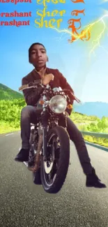 Man riding motorcycle on scenic road with sky blue background.