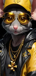 Stylish mouse with gold sunglasses and leather jacket on wallpaper.