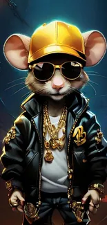 Mouse in gold cap and streetwear, urban style wallpaper.