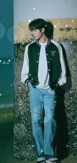 Stylish young man by the sea at night, wearing casual attire.