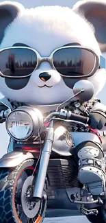 Panda wearing sunglasses riding a motorcycle.