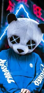 A panda in a blue neon hoodie with vibrant background.