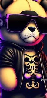 Stylish panda wearing sunglasses and a skeleton hoodie, ideal for mobile wallpaper.