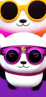 Adorable pandas wearing colorful sunglasses on a vibrant purple background.