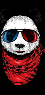 Panda with sunglasses and scarf on black background.