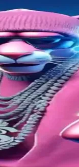 Pink panther wearing shades and chains in vibrant colors.