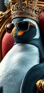 Penguin wearing a crown and sunglasses on a throne.