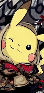 Pikachu in streetwear with graffiti background