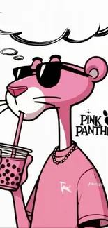 Pink Panther sipping bubble tea in a fun cartoon style.