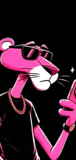 Pink cartoon panther with sunglasses and phone on black background.