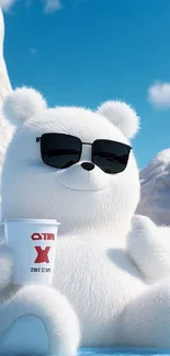 Playful polar bear with sunglasses and drink