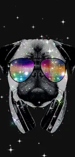 Cool pug with neon sunglasses and headphones on a black background.