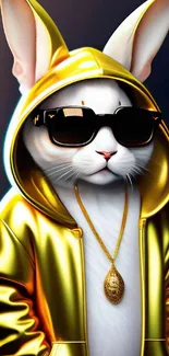 Stylish rabbit in golden hoodie and sunglasses.