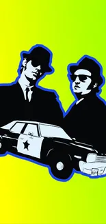 Retro art of a cool duo with car on green background.