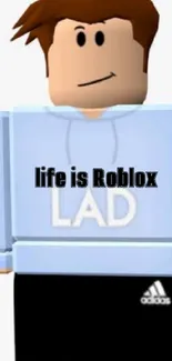 Roblox character in blue hoodie and black pants wallpaper.