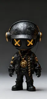 Cool black and gold robotic figurine wearing headphones.