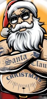 Illustrated Santa Claus with tattoos on a mobile wallpaper.