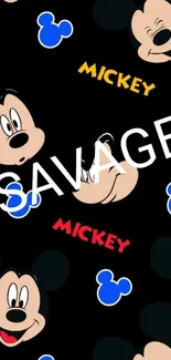 Savage text on a Mickey Mouse inspired wallpaper with vibrant colors.